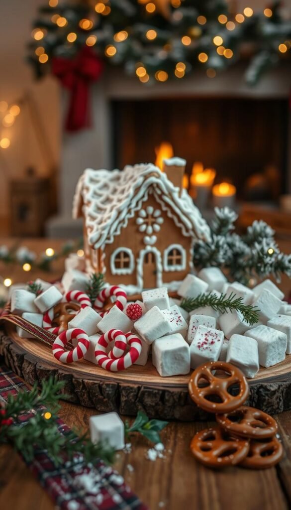 A cozy, artisanal winter holiday treat design, featuring a delicate gingerbread house with intricate icing details, nestled among snow-dusted pine branches and twinkling string lights. The foreground showcases an assortment of homemade marshmallows, peppermint candies, and chocolate-dipped pretzels arranged on a rustic wooden platter. In the middle ground, a festive tartan ribbon and sprigs of holly add pops of color, while the background depicts a warm, softly lit interior with a fireplace and holiday decor. The entire scene is captured with a shallow depth of field, creating a dreamy, intimate atmosphere perfect for a DIY mini dessert stand.