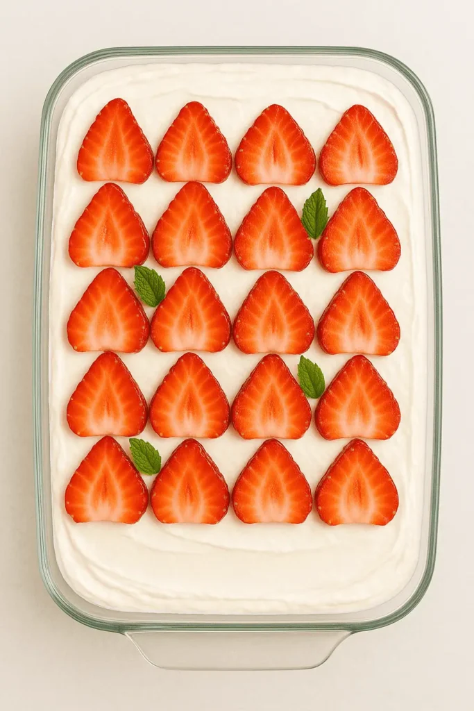 A-shot-of-the-completed-layers-with-a-final-smooth-whipped-cream-topping-and-freshly-sliced-strawberries-arranged-beautifully-on-top.-Overhead-bright-and-clean