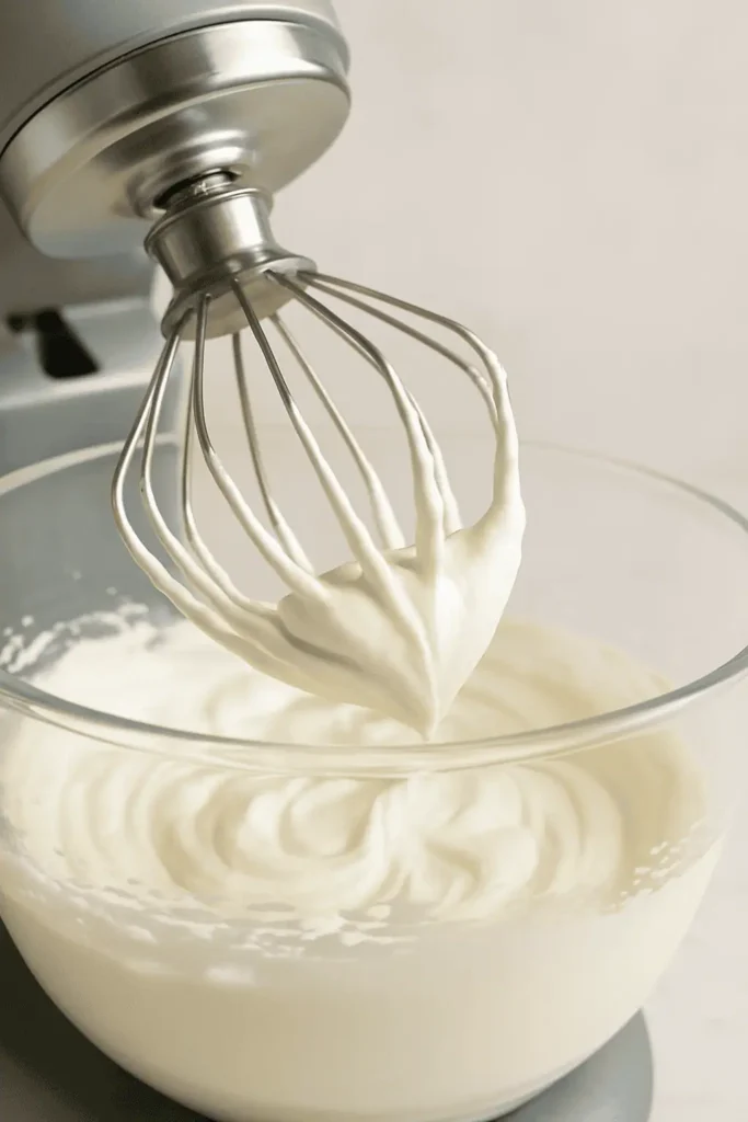 Side-angle of the whipped cream being beaten in a mixer with soft peaks forming. Whisk attachment clearly visible, light reflecting off the bowl.