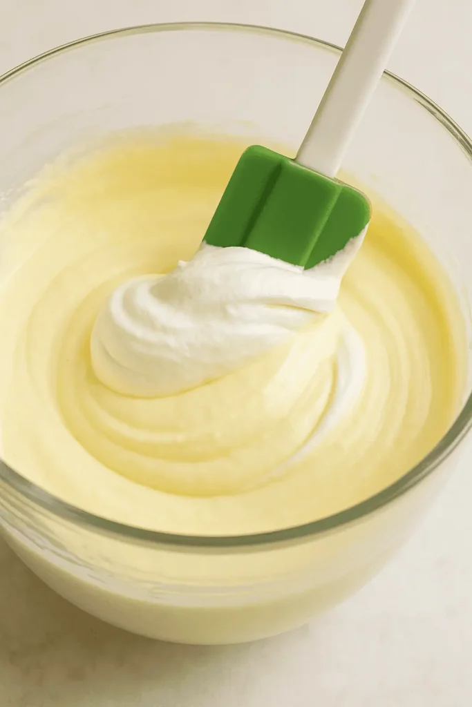 Photo of half the whipped cream being folded gently into the pudding mixture with a spatula. Creamy texture close-up shot.