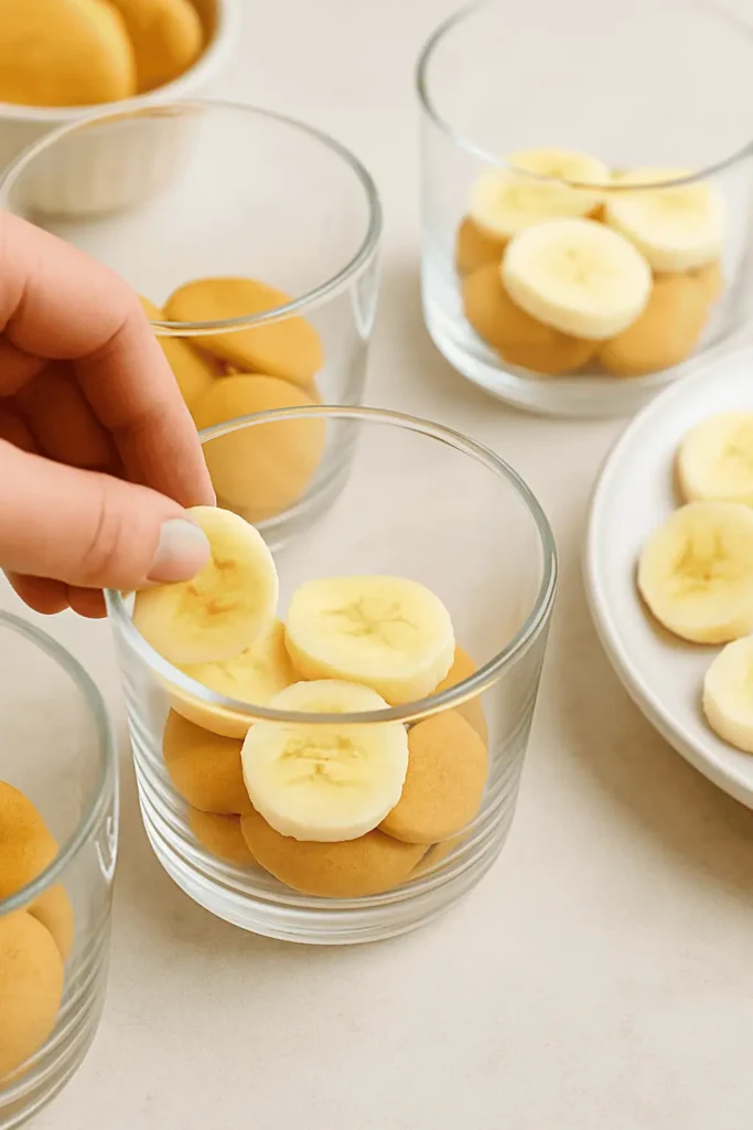 Shot of placing vanilla wafers at the bottom of clear dessert cups and layering banana slices over them. Focus on the layers.