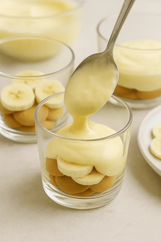 Action shot of pudding mixture being spooned over the banana and wafer layer. Soft focus background.