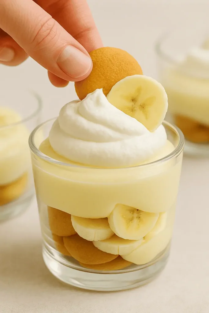 Close-up of the final dollop of whipped cream being added on top, with a vanilla wafer and banana slice as garnish.