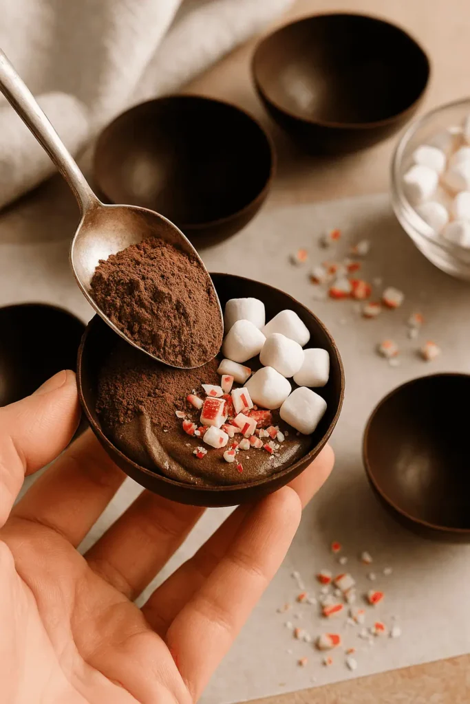 Fill with 1 tbsp cocoa mix, mini marshmallows, and other fillings.