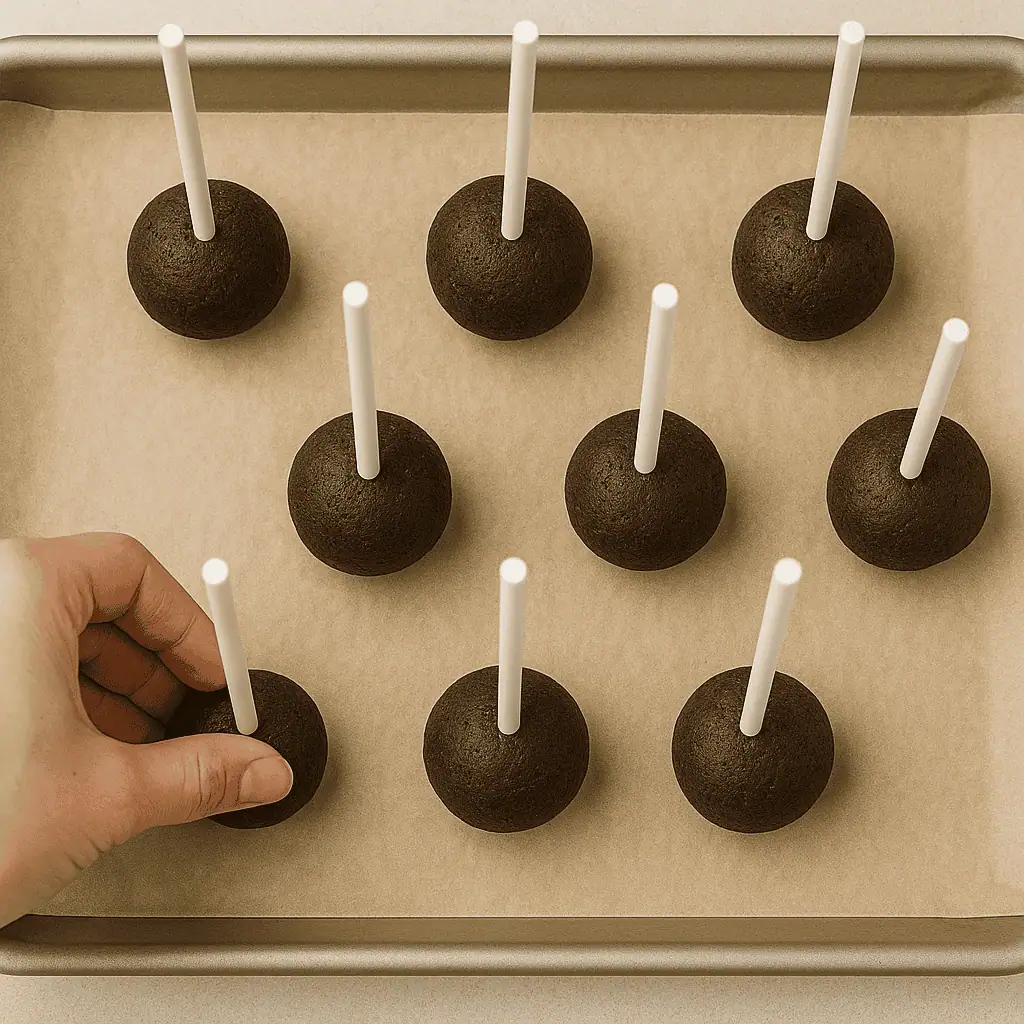Insert sticks: Melt a little bit of chocolate and dip the tip of each lollipop stick in it before inserting into the cake ball—this helps them stay put.