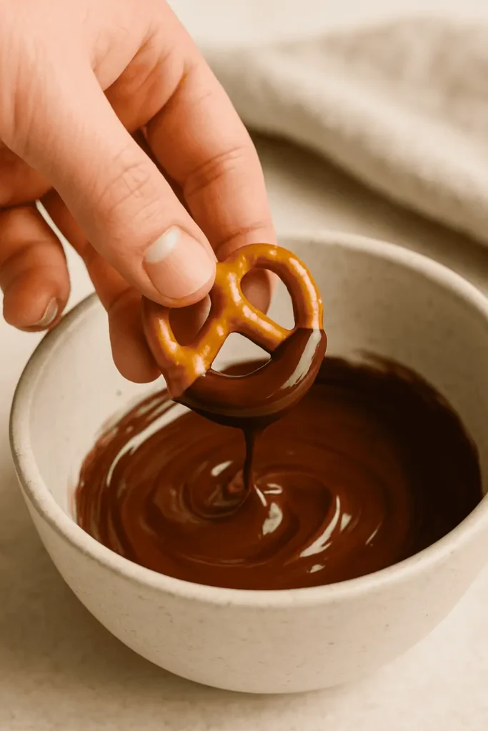 Dip pretzels halfway into the chocolate. Tap off excess