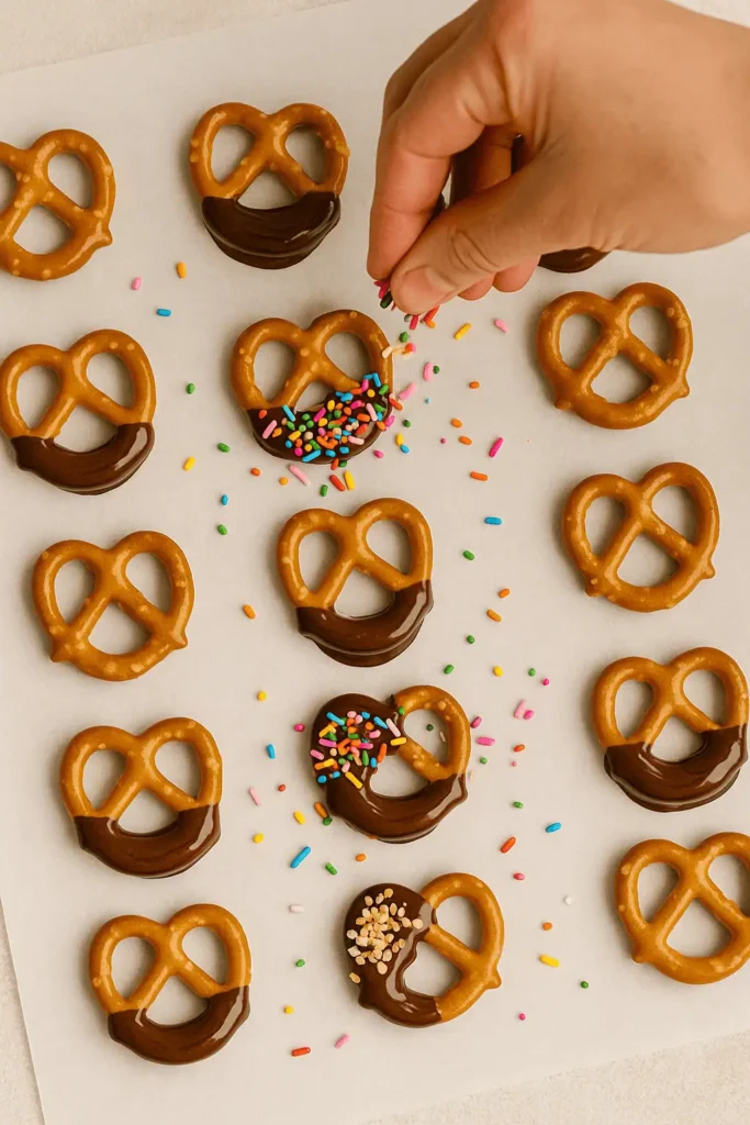 Place on the lined tray. Immediately add toppings before the chocolate sets.