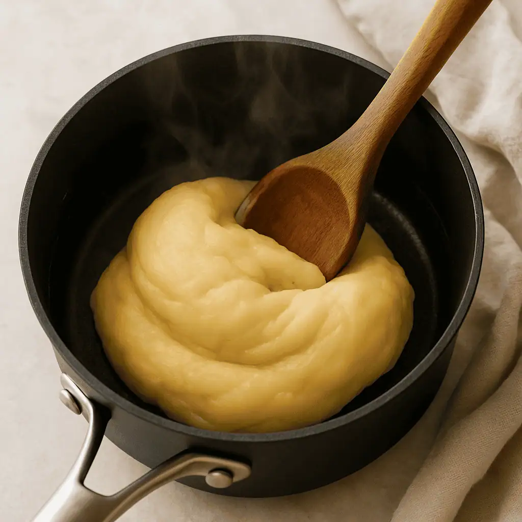 Make the Choux Pastry: Preheat oven to 425°F (220°C). In a saucepan, combine butter, water, and salt. Bring to a boil. Add flour all at once and stir vigorously until a dough ball forms. Let cool slightly.