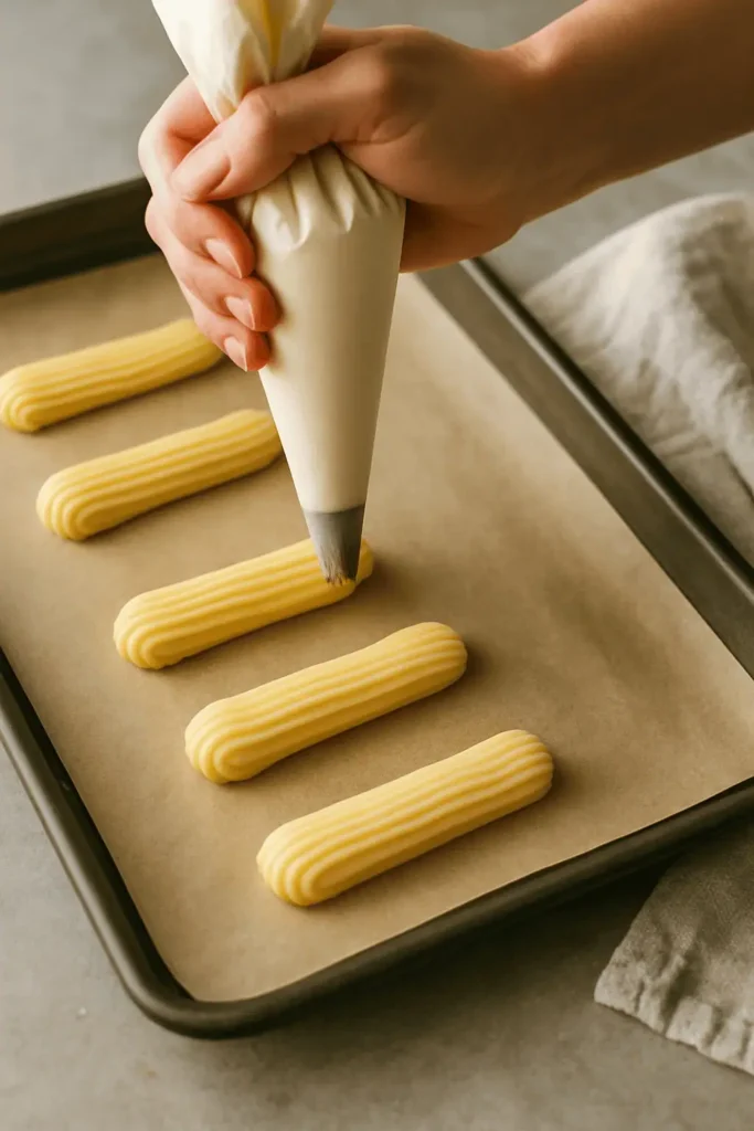 Transfer to a piping bag. Pipe 4" strips onto a parchment-lined baking sheet. Bake 10 minutes, then reduce to 375°F (190°C) and bake another 20-25 mins. Cool completely.
