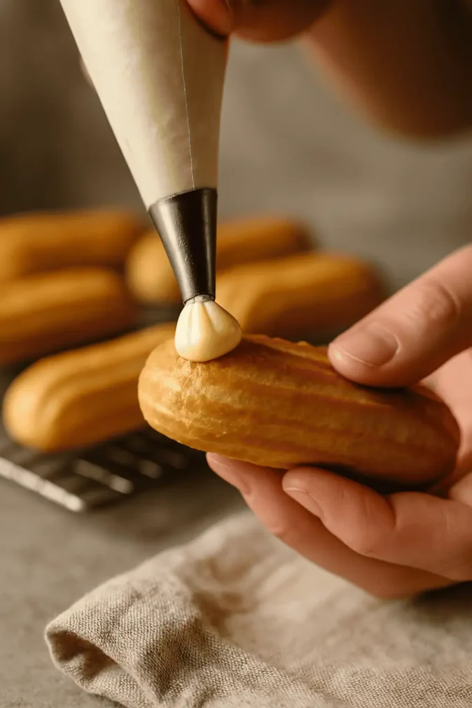 Fill the Éclairs: Use a piping bag with a small tip to fill each éclair shell with pastry cream.