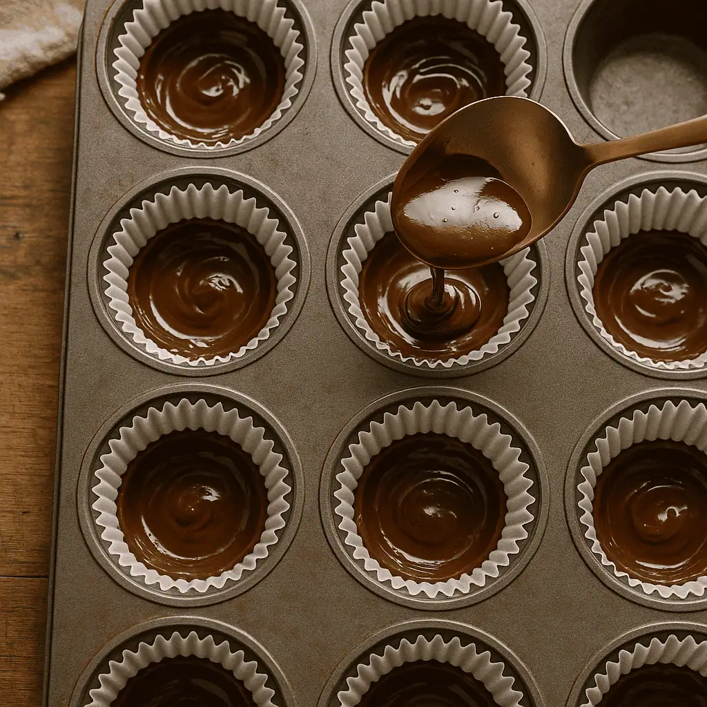 Spoon 1 teaspoon of melted chocolate into each liner. Use the back of a spoon to spread it slightly up the sides. Chill in the freezer for 10 minutes.