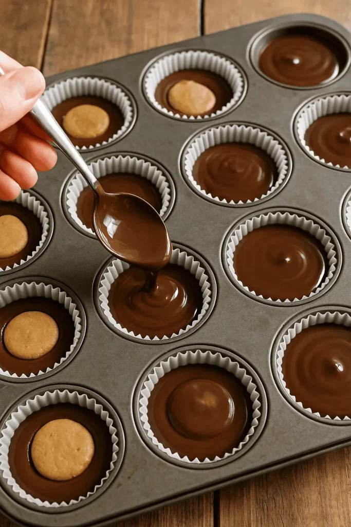 Cover with more melted chocolate until the peanut butter is sealed in. Tap the pan gently to smooth out the tops.