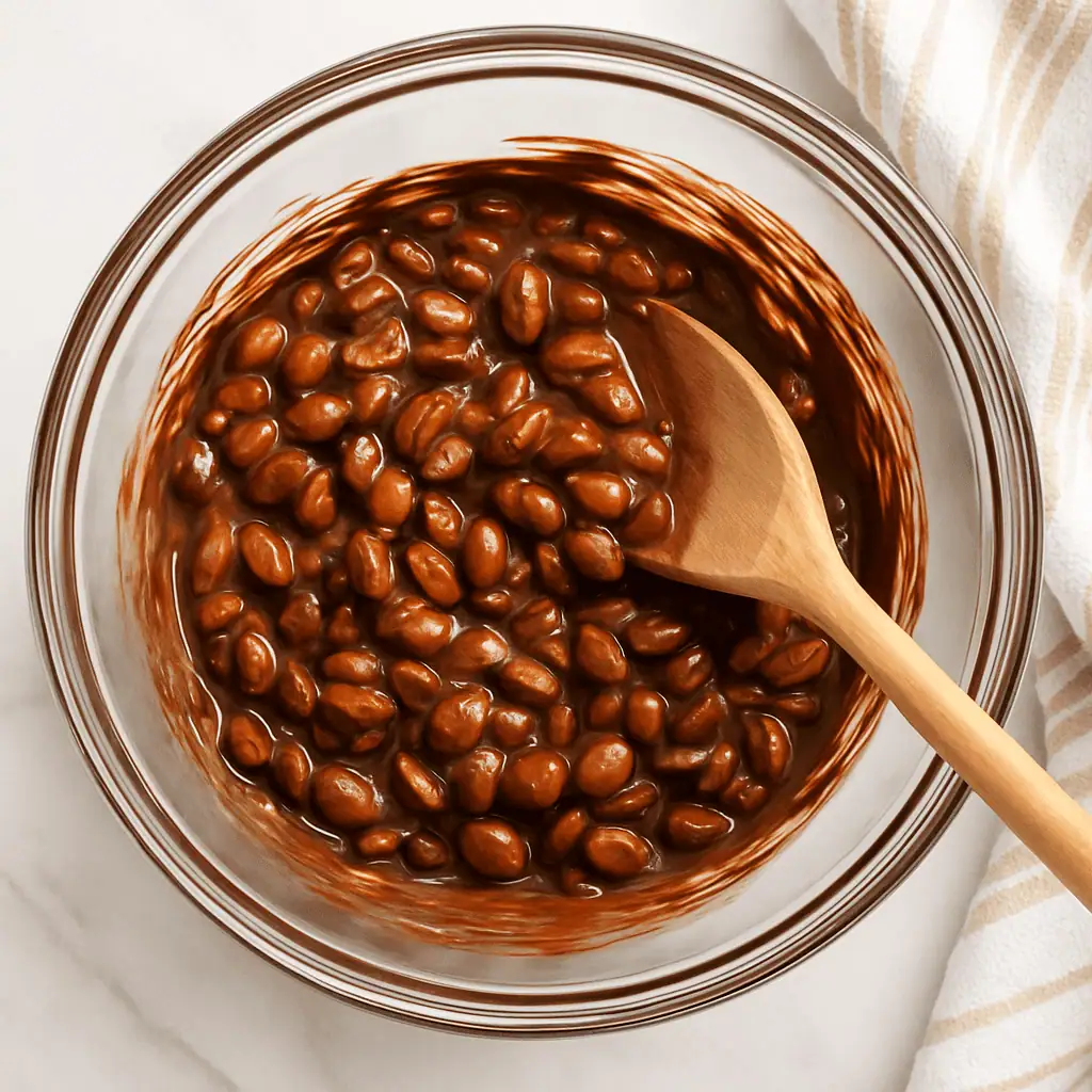 Mix: Stir in the peanuts until fully coated with chocolate.
