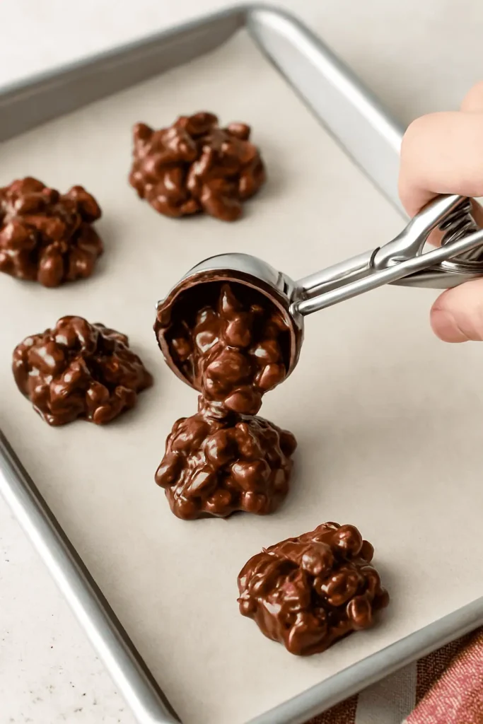Scoop: Drop spoonfuls of the mixture onto a parchment-lined baking sheet, spacing them slightly apart.
