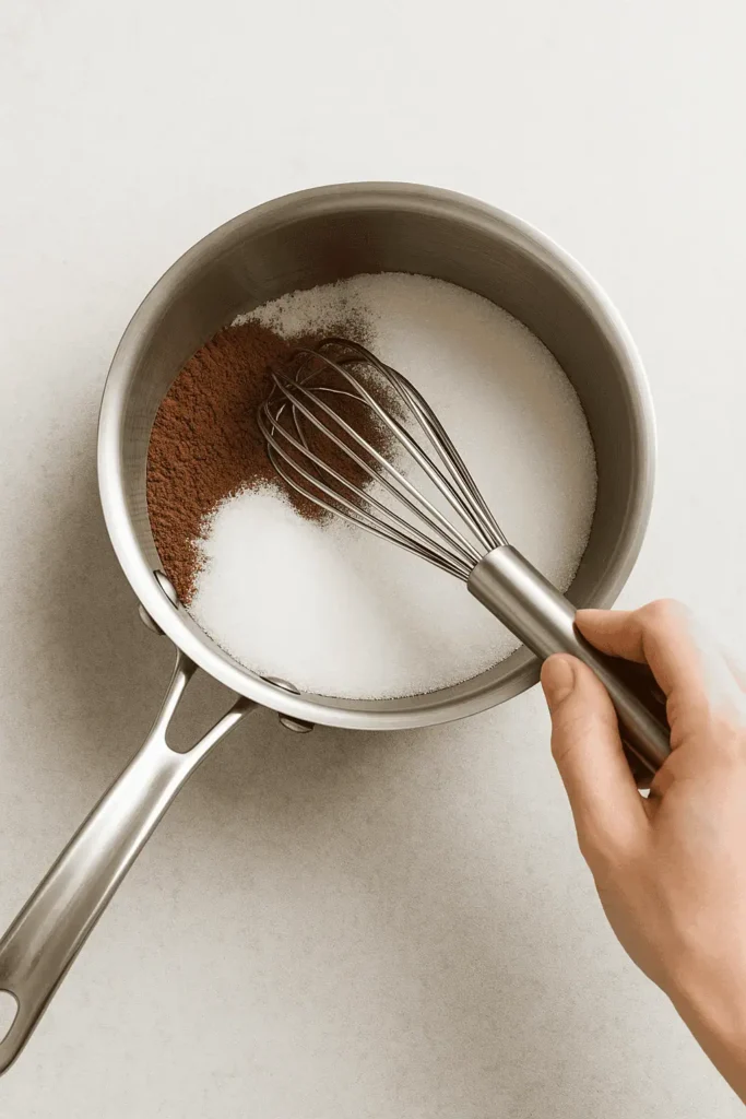 In a medium saucepan (off heat), whisk together sugar, cocoa powder, cornstarch, and salt.