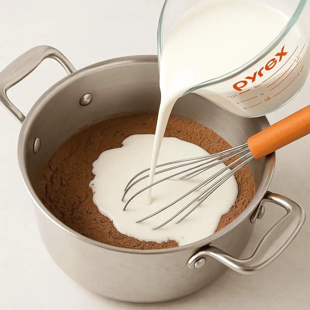 Gradually whisk in milk and cream until smooth.