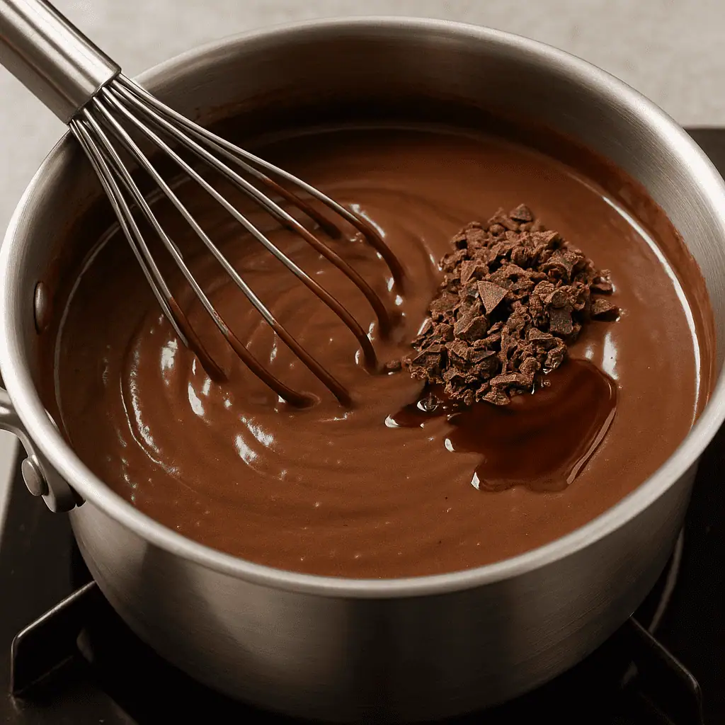 Remove from heat. Add chopped chocolate and vanilla. Stir until fully melted and glossy.