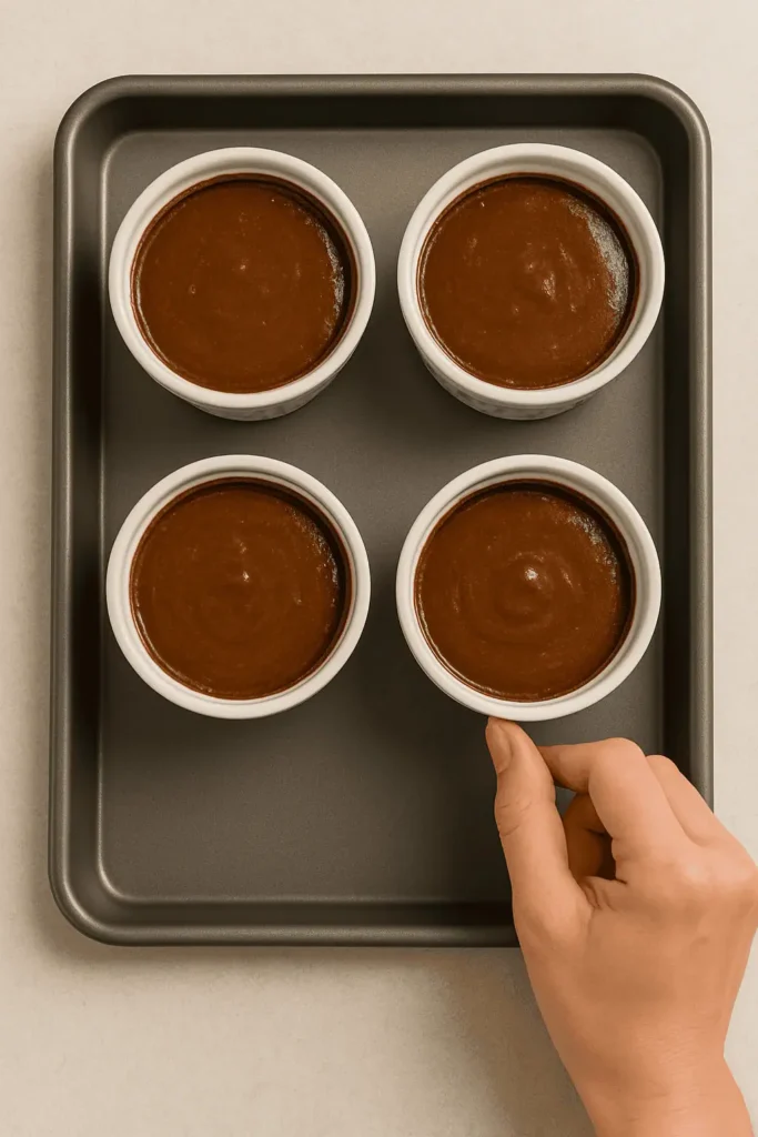 Fill and bake: Spoon the batter into prepared ramekins, smoothing the tops. Run your thumb around the inside edge of each ramekin (this helps them rise evenly!).