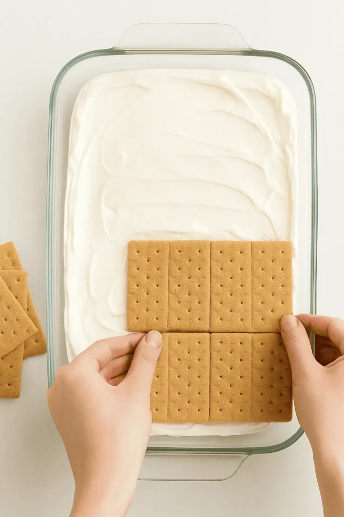 Hands-placing-graham-crackers-into-a-glass-9x13-inch-dish-showing-how-they-fit-snugly-across-the-whipped-cream-layer.-Overhead-angle-bright-and-clear