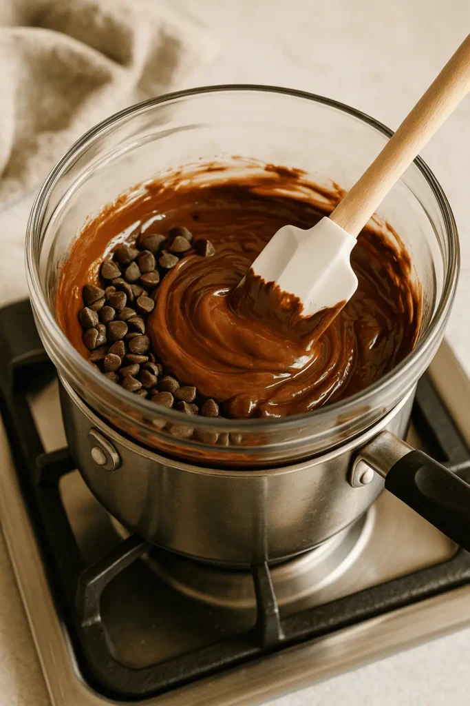 Chop chocolate finely and melt in a heat-safe bowl over simmering water (or microwave in 20-sec bursts, stirring often).