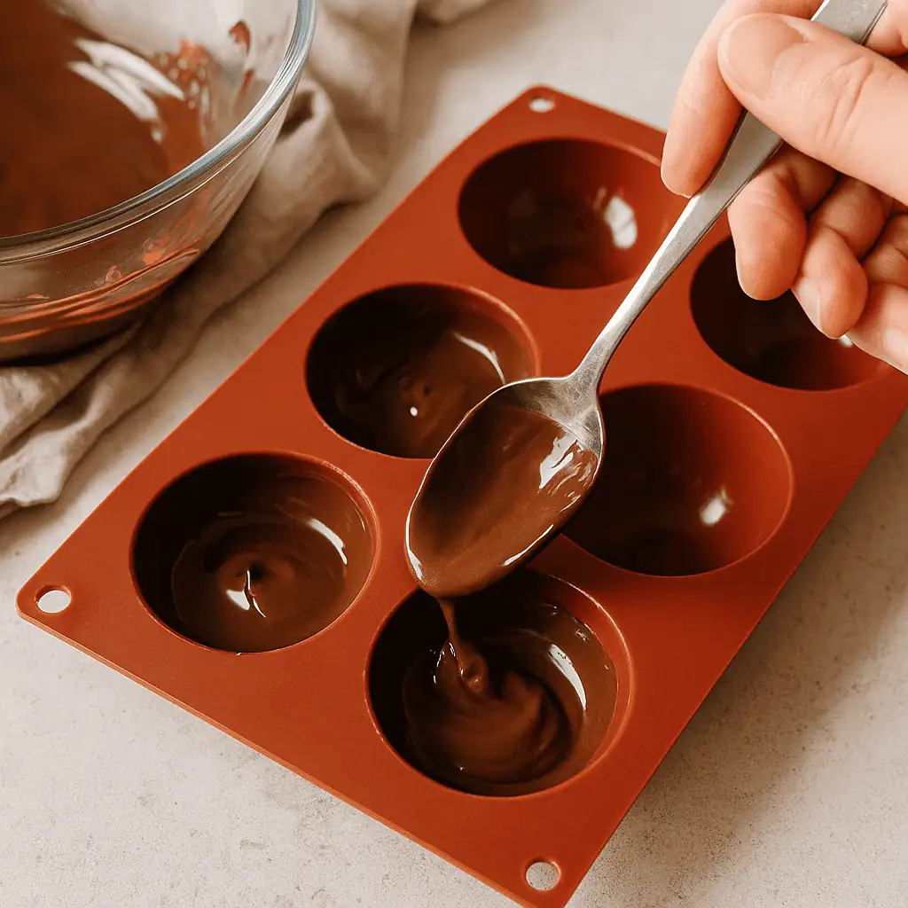 Spoon 1-2 tsp melted chocolate into each half of a silicone mold. Use the back of a spoon to coat the sides evenly. Chill 5-10 mins.
