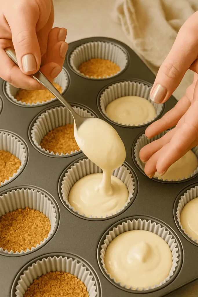 Divide batter evenly over crusts