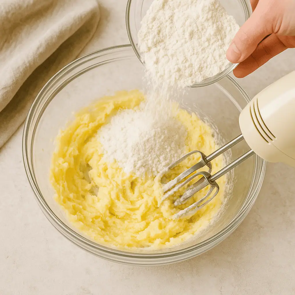 Make the crust: In a bowl, cream butter and powdered sugar together until fluffy. Add salt and flour; mix until dough forms.