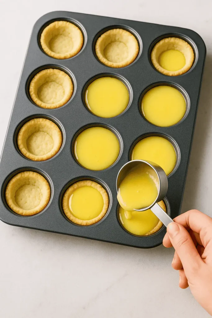 Pour filling into the baked tart shells until just below the rim.