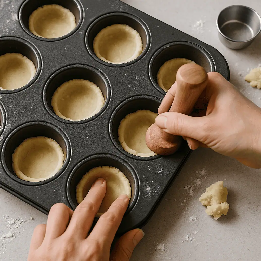 Press dough into the bottoms and up the sides of each mini muffin cup to form small shells.