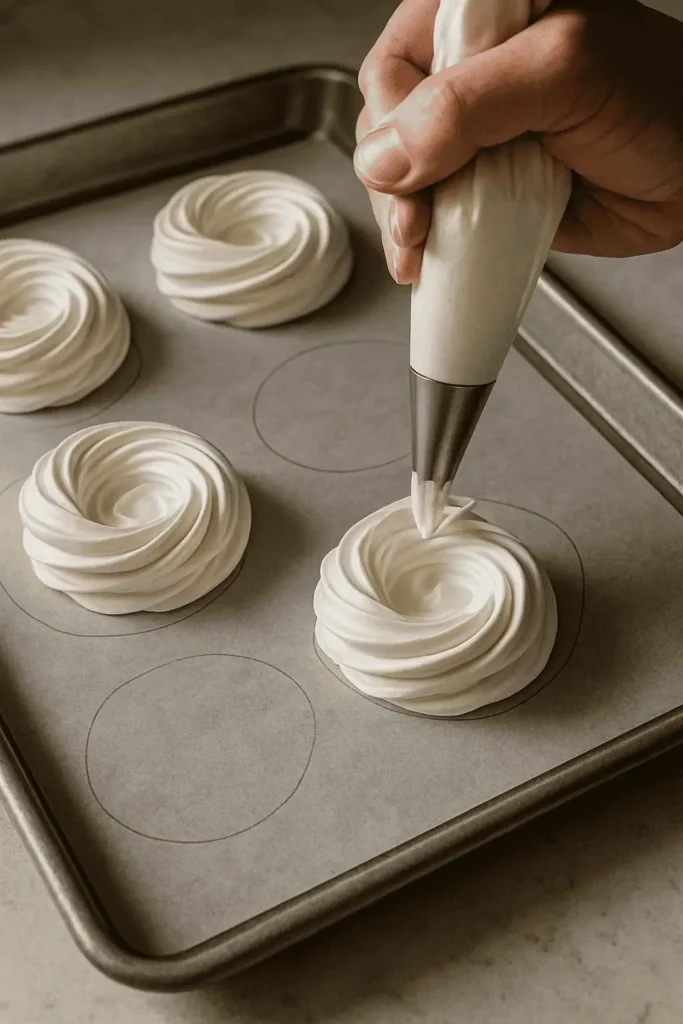 Pipe & shape: Spoon or pipe meringue into your circles, building up the edges like little nests.
