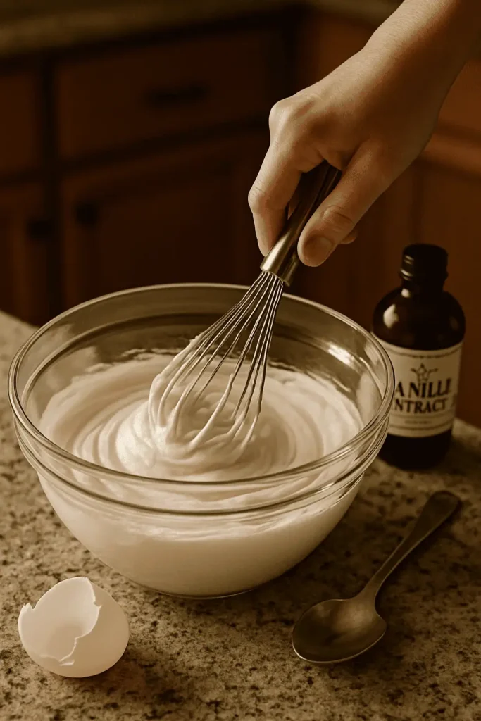 Whip cream: Beat cream, powdered sugar, and vanilla to soft peaks.