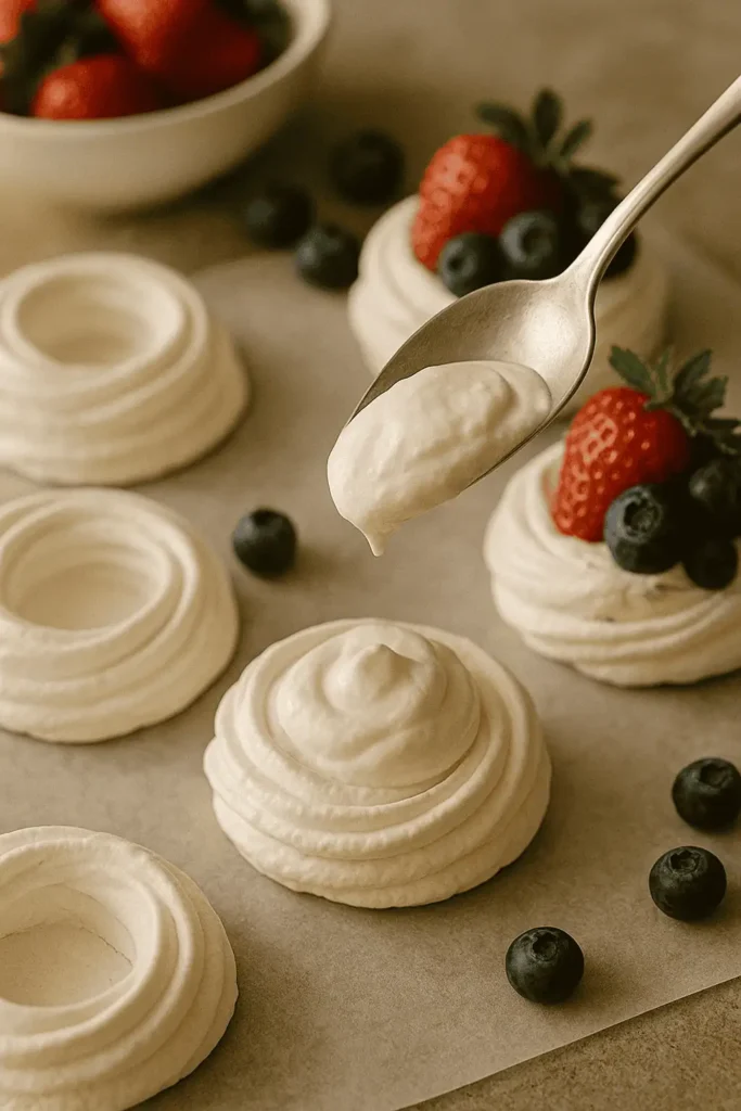 Assemble: Spoon cream into cooled pavlovas. Top with berries and mint. Serve immediately.