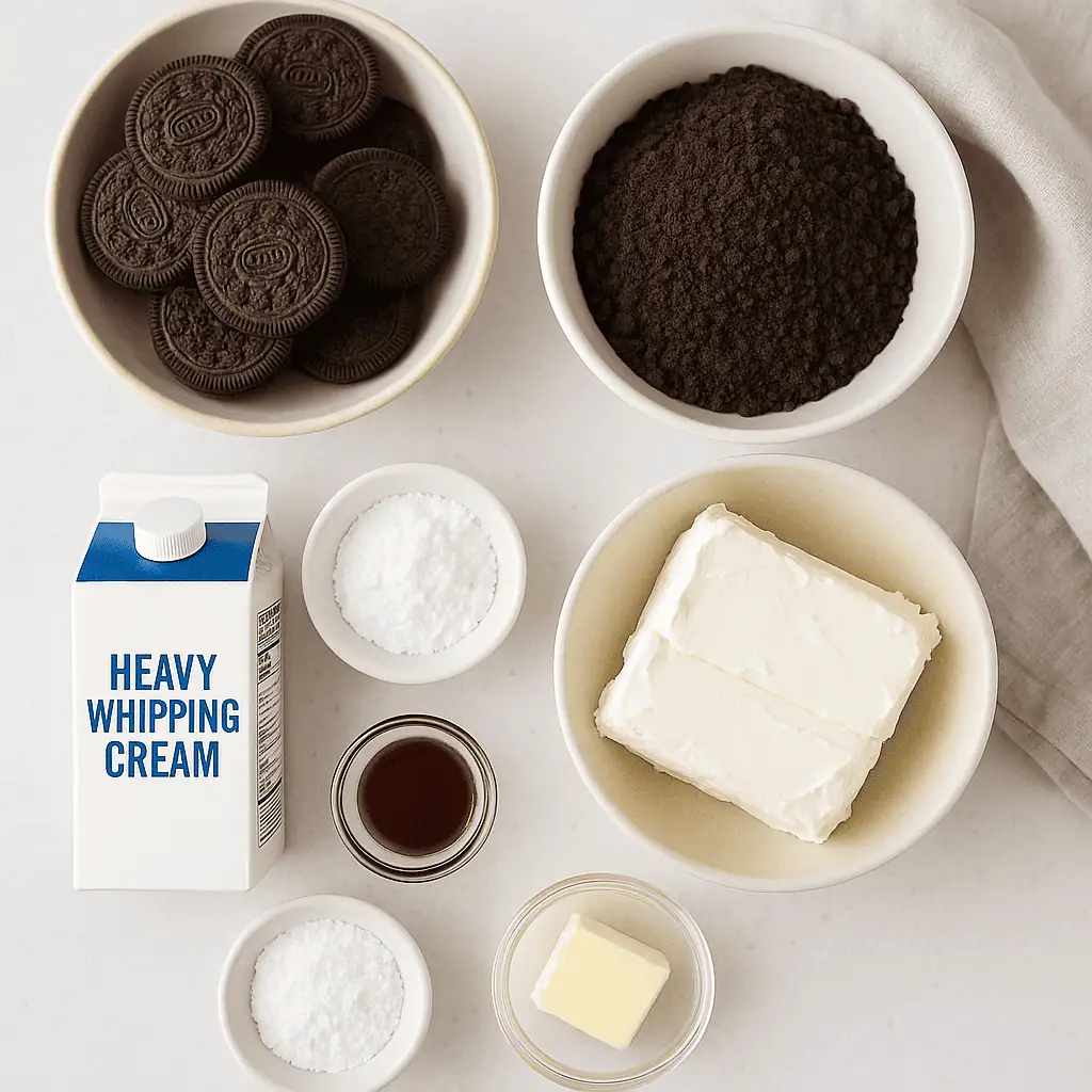Top-down shot of all ingredients laid out: Oreos (some whole, some crushed), softened cream cheese in a bowl, heavy cream carton, powdered sugar in a small dish, vanilla extract, and butter. Background: clean white countertop with neutral-toned kitchen linens.