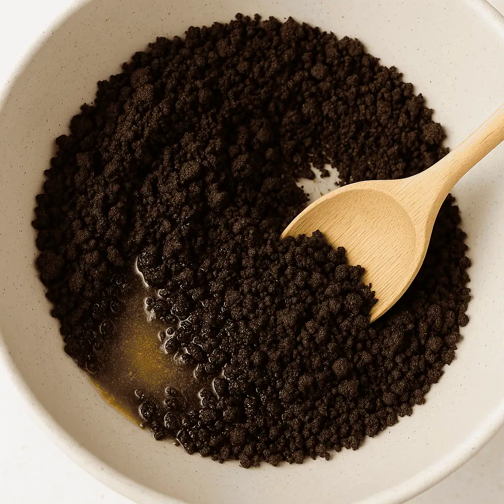 Action shot of crushed Oreos being mixed with melted butter in a bowl. A wooden spoon stirring it together, with crushed Oreo crumbs visible. Natural light, overhead shot.