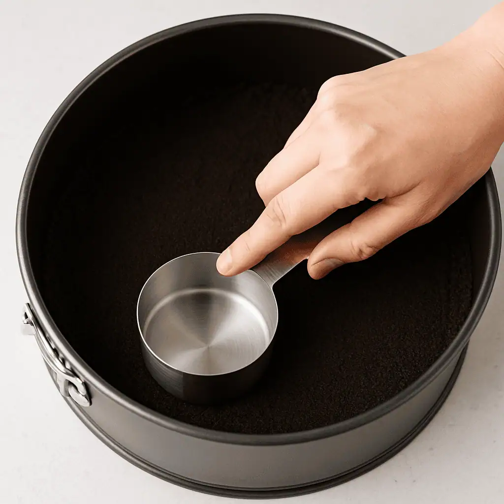 Hand pressing the Oreo crumb mixture into a springform pan, using the bottom of a measuring cup to flatten evenly. Shot at a slight angle to show depth.
