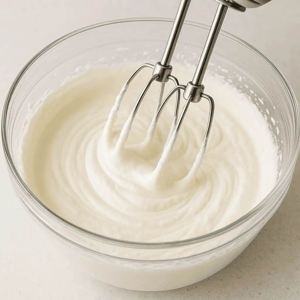 Action shot of electric beaters whipping heavy cream in a glass bowl, showing soft peaks starting to form.