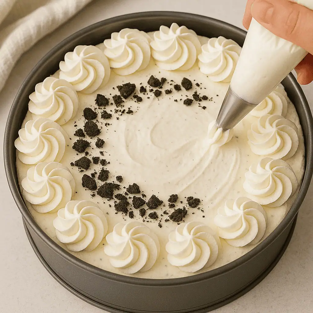 Piping whipped cream swirls around the edges of the chilled cheesecake, finishing with crushed Oreos sprinkled on top.