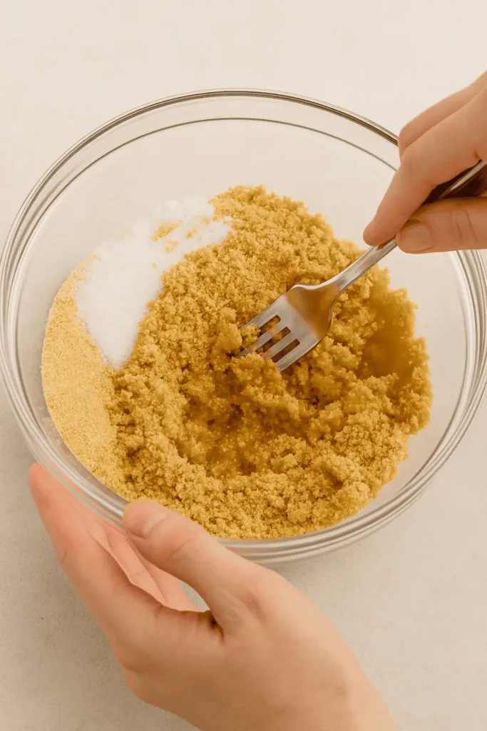 n a medium bowl, combine graham cracker crumbs, sugar, and melted butter. Mix until evenly moistened