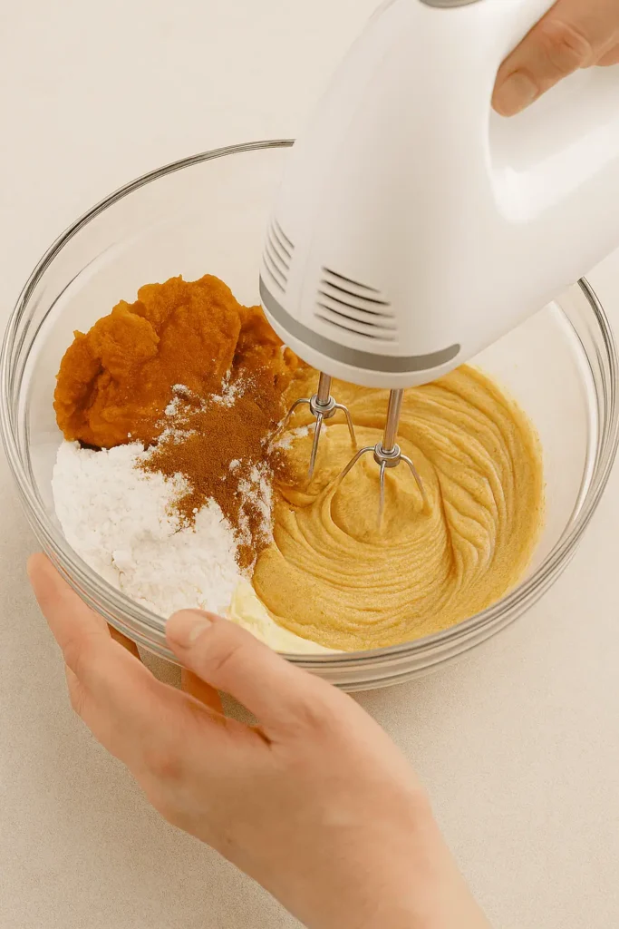 In a large bowl, beat the softened cream cheese until smooth. Add pumpkin purée, powdered sugar, pumpkin pie spice, and vanilla extract. Beat until well combined and creamy.