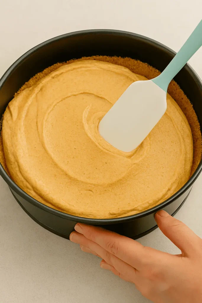 Spread the filling over the chilled crust, smoothing the top with a spatula.