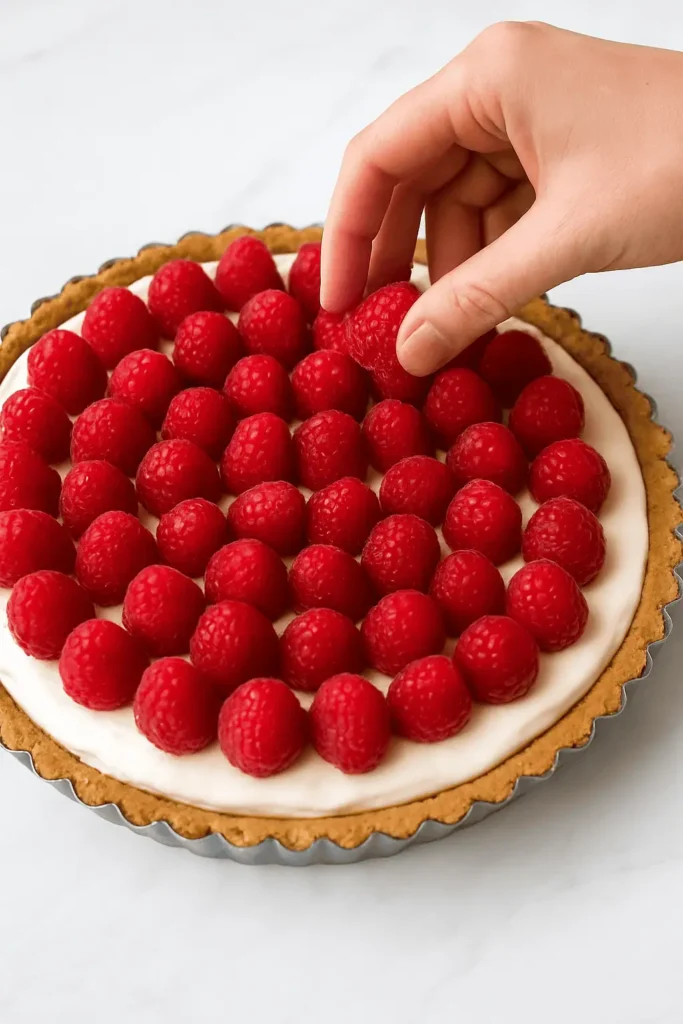 Arrange fresh raspberries over the tart, starting from the outer edge and working inward for a pretty pattern.
