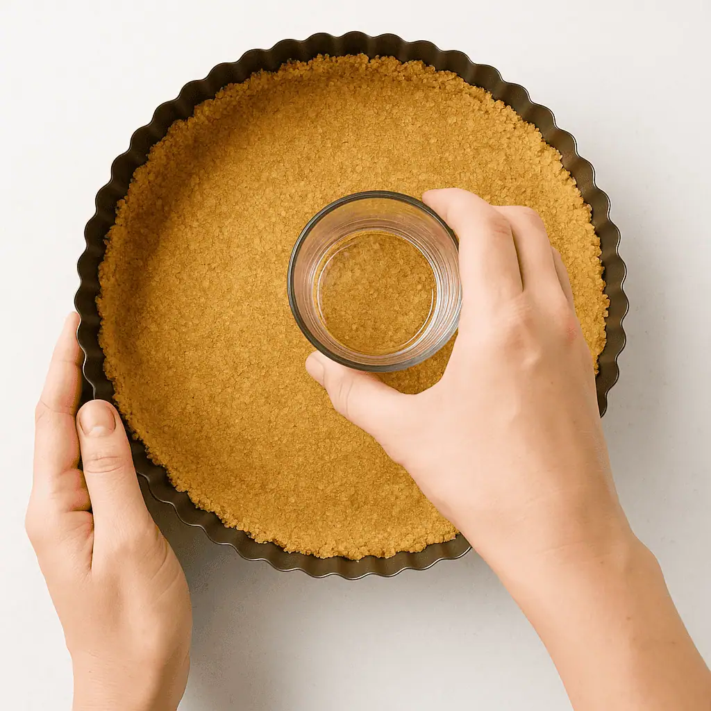 Press the mixture firmly into a 9-inch tart pan (with removable bottom). Use a flat-bottomed cup to press tightly and evenly up the sides and bottom. Chill in the fridge for 20 minutes.