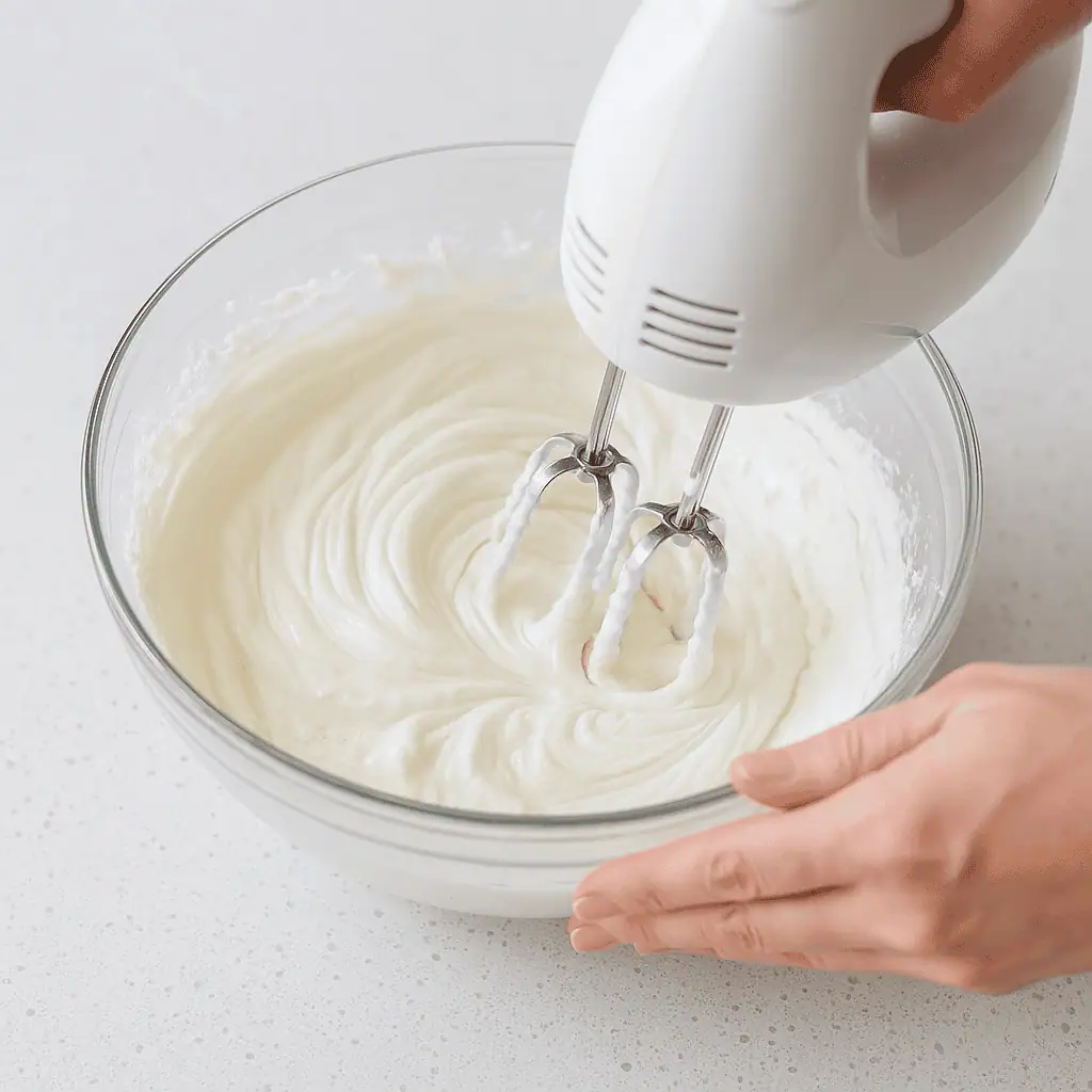 In a separate bowl, whip the heavy cream until stiff peaks form.