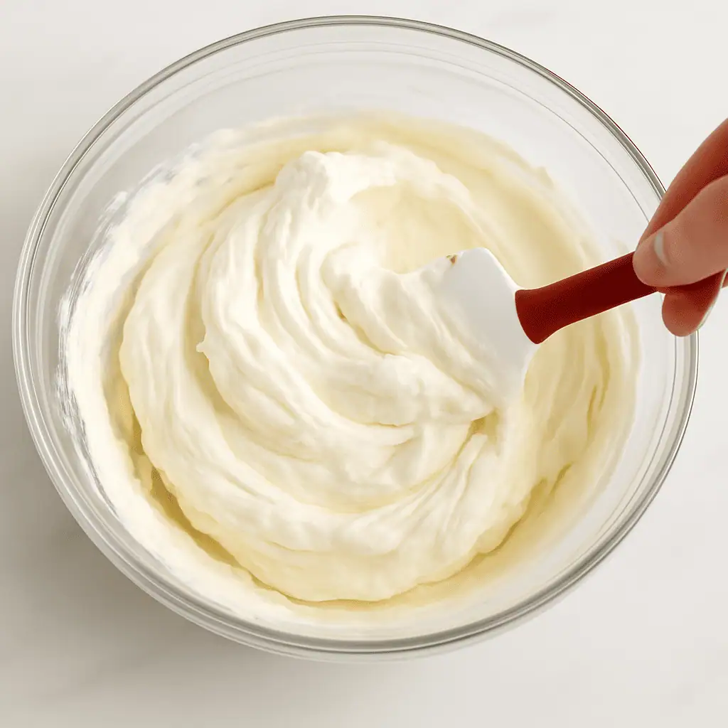 Gently fold the whipped cream into the cream cheese mixture until fully combined and fluffy.