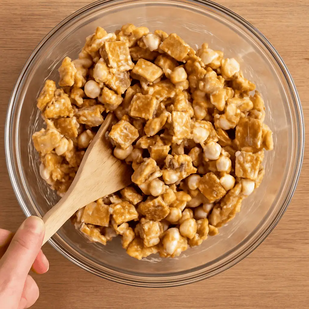 Mix: Remove from heat and quickly fold in graham cracker pieces until well coated.
