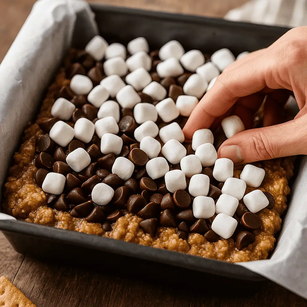 Top with Marshmallows: Sprinkle remaining 1 cup mini marshmallows over the top and gently press them in.