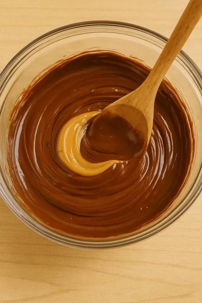 Bowl of melted chocolate chips + peanut butter being stirred together, shot from overhead. Catch the glossy swirl of chocolate.