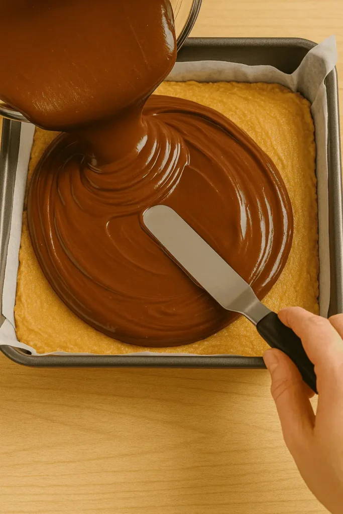 Spread the Chocolate: Pour the chocolate mixture over the peanut butter layer. Smooth it out evenly.