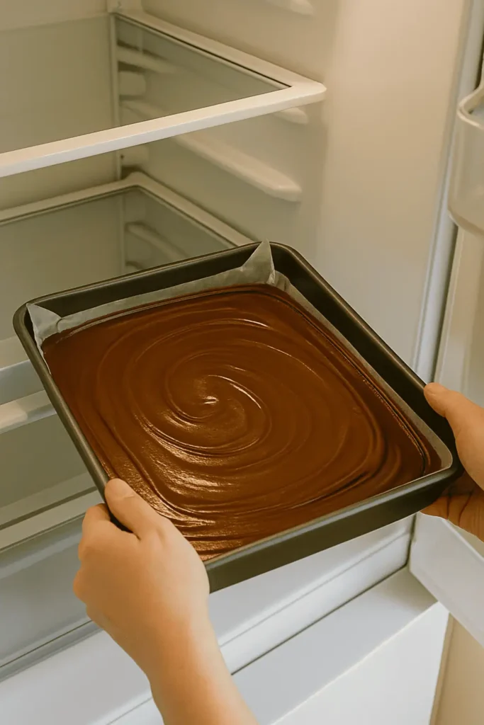 Pan going into the fridge, with a focus on the bars and a glimpse of the fridge interior for context.