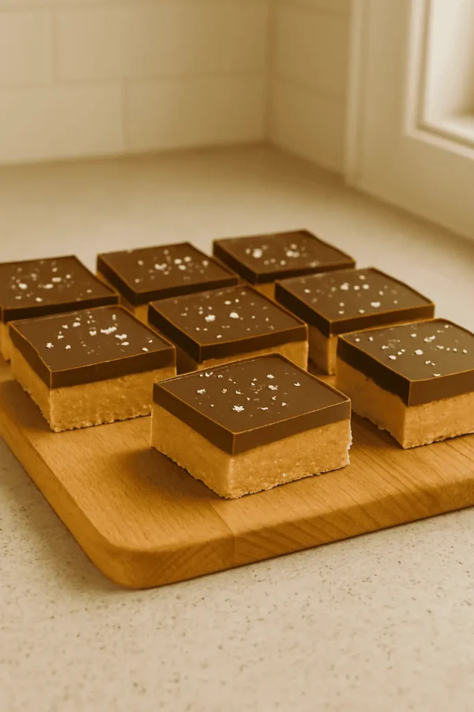 A bright, clean shot of the fully set bars sliced neatly on a wooden board. Focus on the sharp contrast between the chocolate top and peanut butter base. Add a garnish of flaky sea salt for sparkle. Use natural lighting near a window with a neutral kitchen background—minimalist but warm and inviting.
